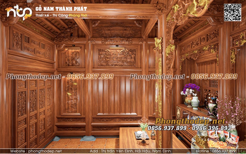 Hình ảnh vách thuận đố măng trong nội thất nhà gỗ 3 gian gõ đỏ Pachy cao cấp